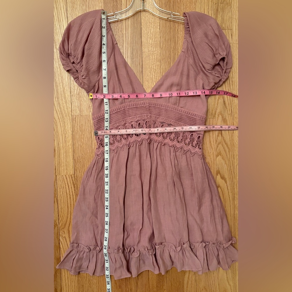 Lulu's Dusty Rose Crochet-Trim Puff Sleeve Mini Dress - Picture 10 of 11